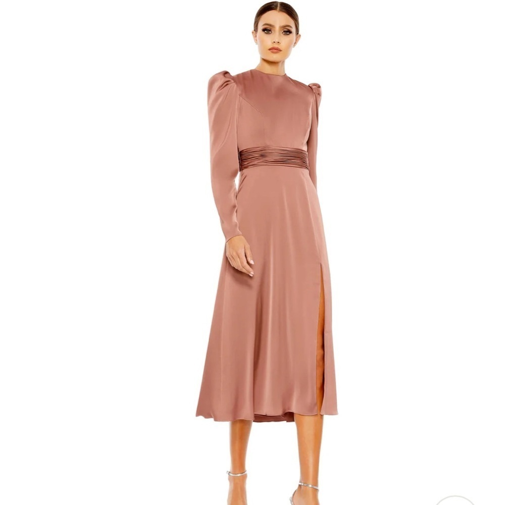 MAC DUGGAL 26936 High Neck Long Sleeve Midi Dress Size 14